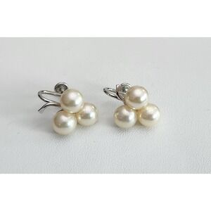 Vintage 10k White Gold Flower Clover Triple Pearl Cluster Screwback Earrings EUC